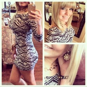 Tribal Bodycon Mini Dress, Long Sleeves
